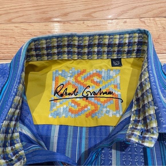 ROBERT GRAHAM Cotton Long-Sleeved Flip Cuff Dress Shirt Blue Southwest Stripe XL - Picture 5 of 9